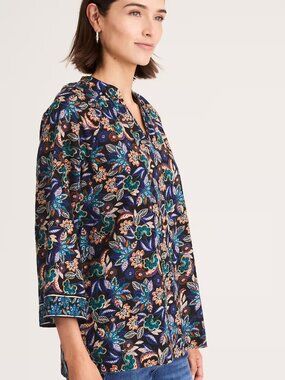 J Jill Black Lacey Garden Border-Printed A-Line Top‎ Size Small